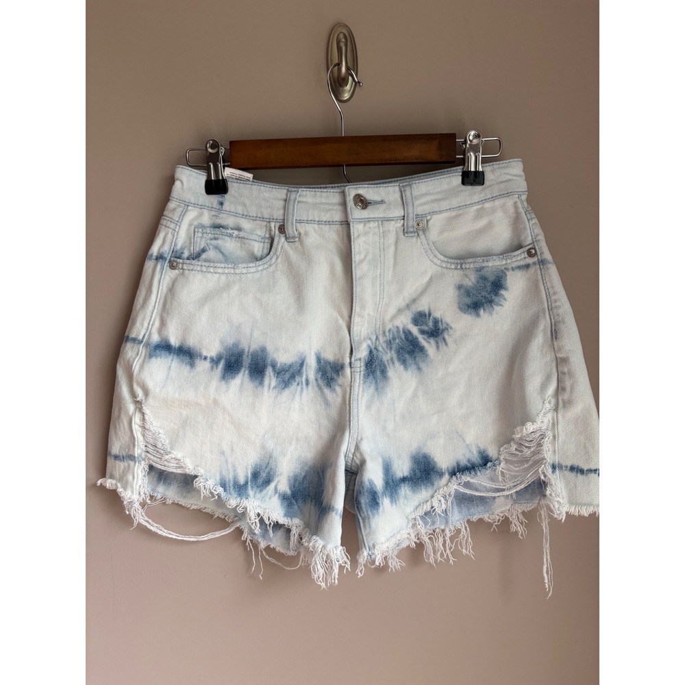 American Eagle Highest Rise Mom Shorts Blue Tie Dye Distressed Denim Size 6